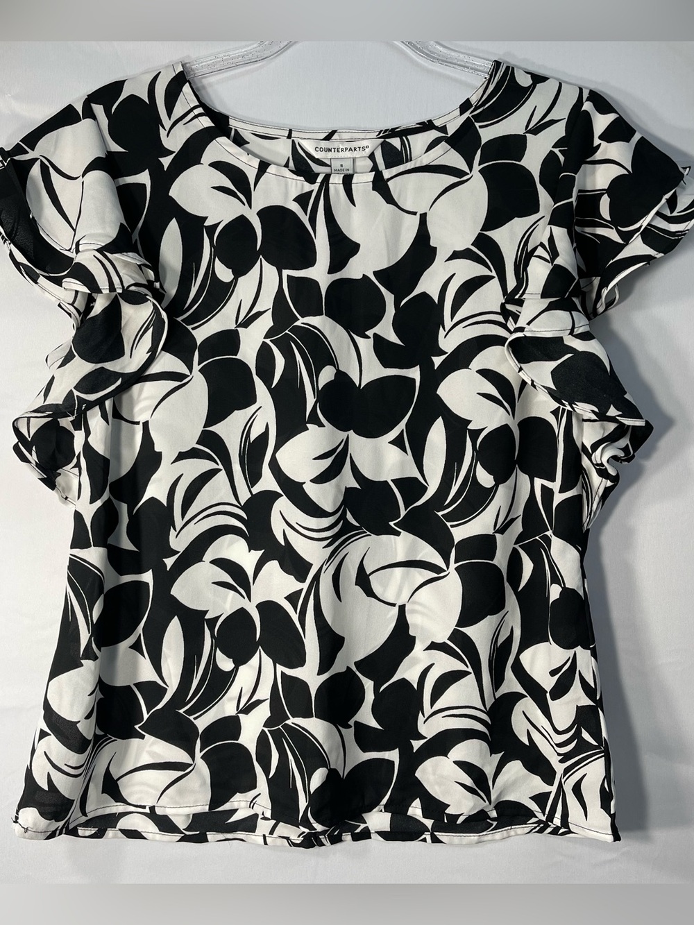 Counterparts Black & White Floral Flutter-Sleeve Blouse Size Small
